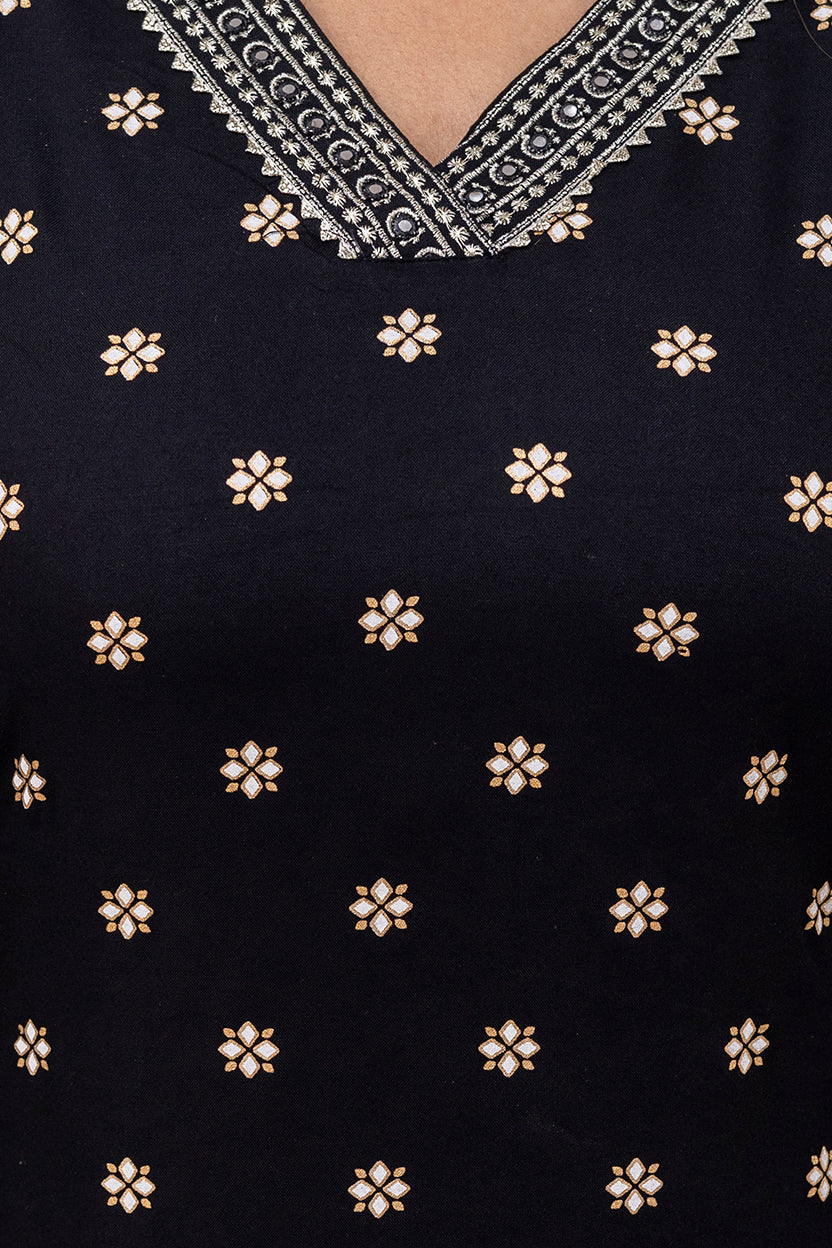 Black Embroidered V Neck Women Straight Rayon Kurta Set