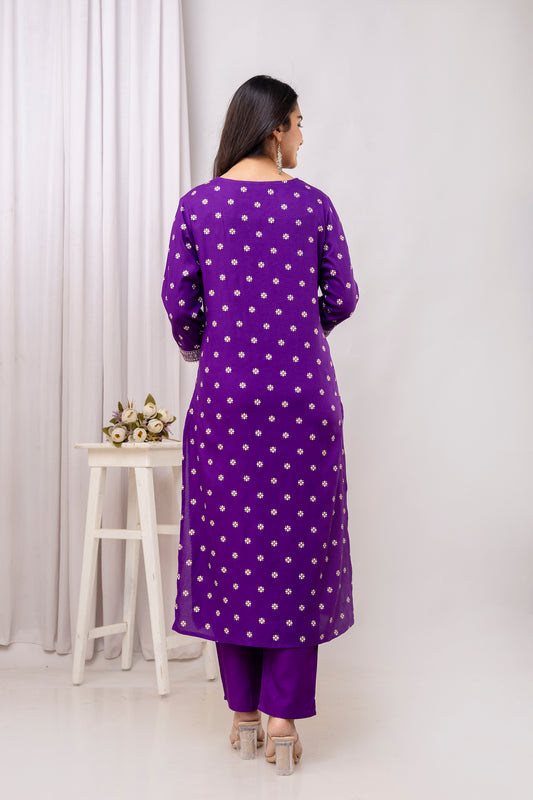 Purple Embroidered V Neck Women Straight Rayon Kurta Pant and Dupatta Set