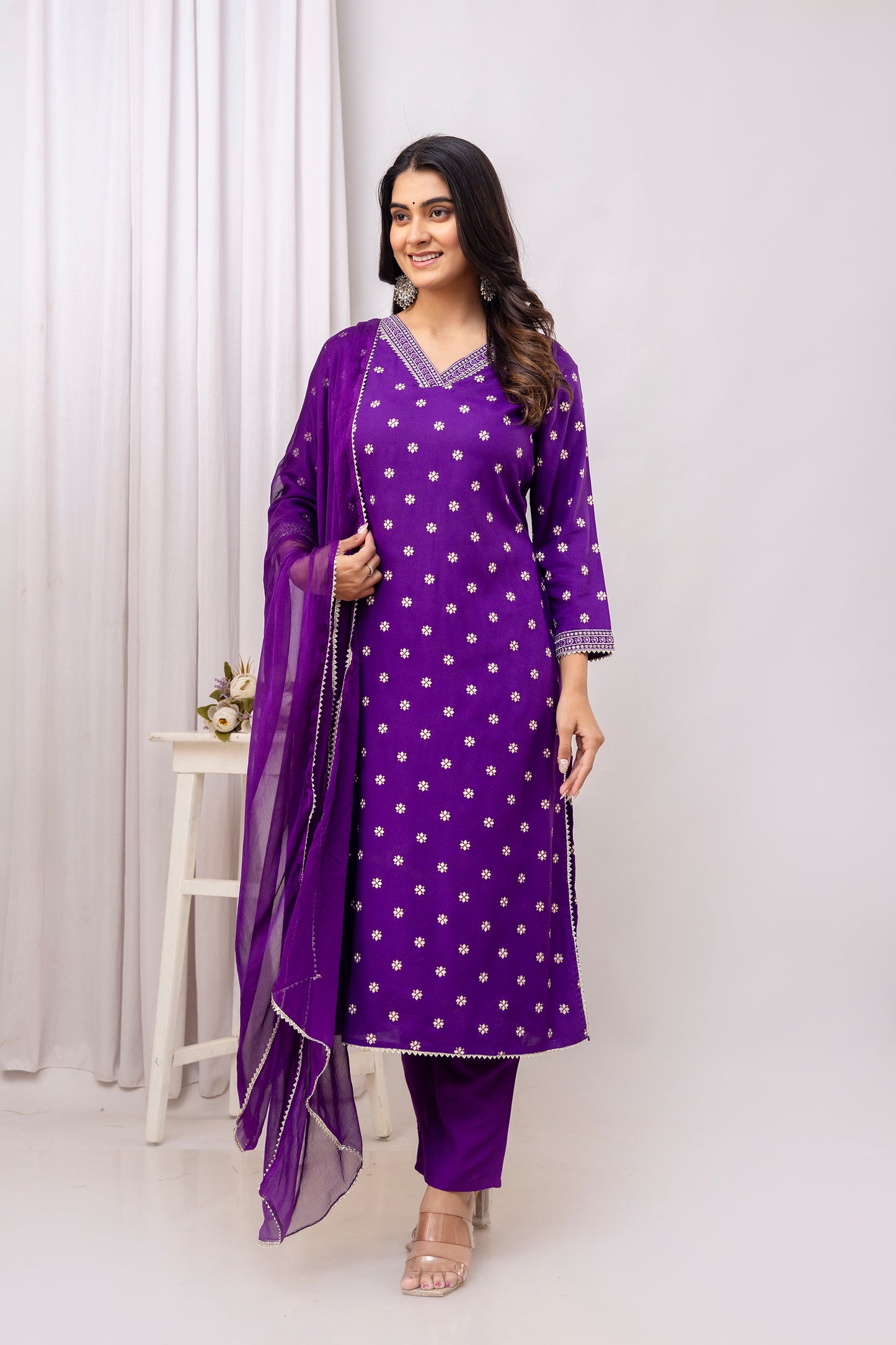 Purple Embroidered V Neck Women Straight Rayon Kurta Pant and Dupatta Set