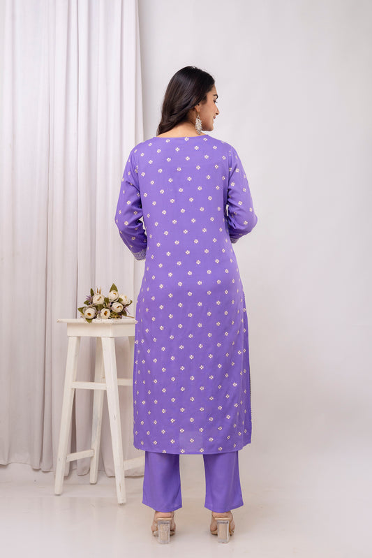 Purple Embroidered V Neck Women Straight Rayon Kurta Pant and Dupatta Set