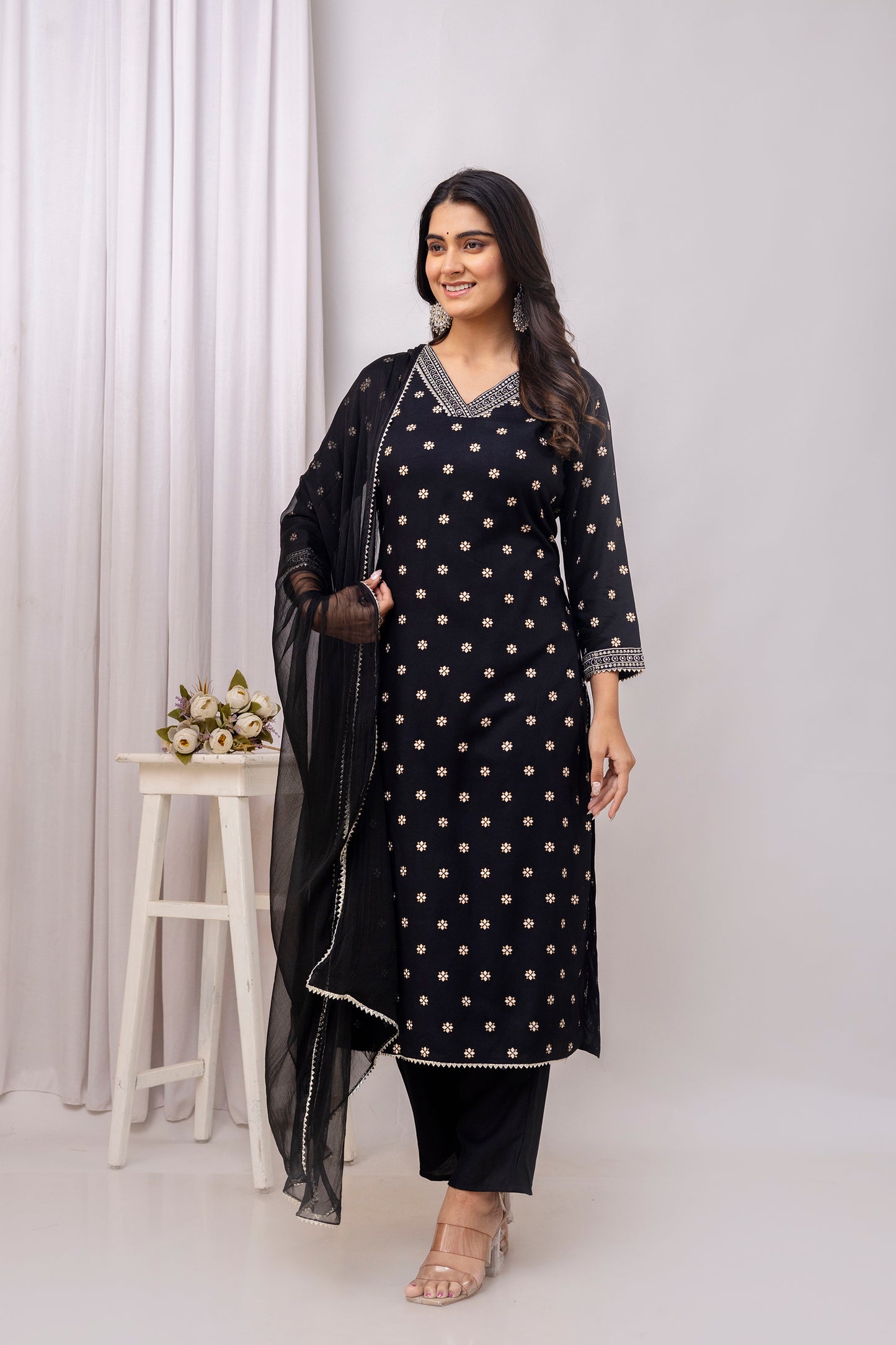 Black Embroidered V Neck Women Straight Rayon Kurta Pant and Dupatta Set