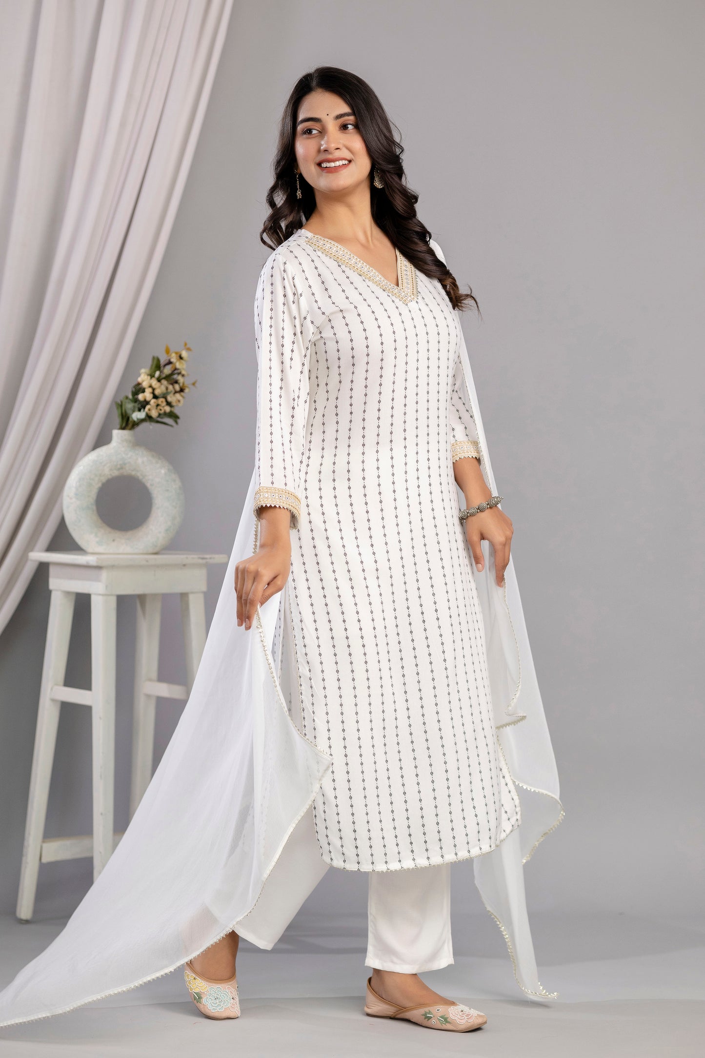 White Embroidered V Neck Women Straight Rayon Kurta Pant and Dupatta Set