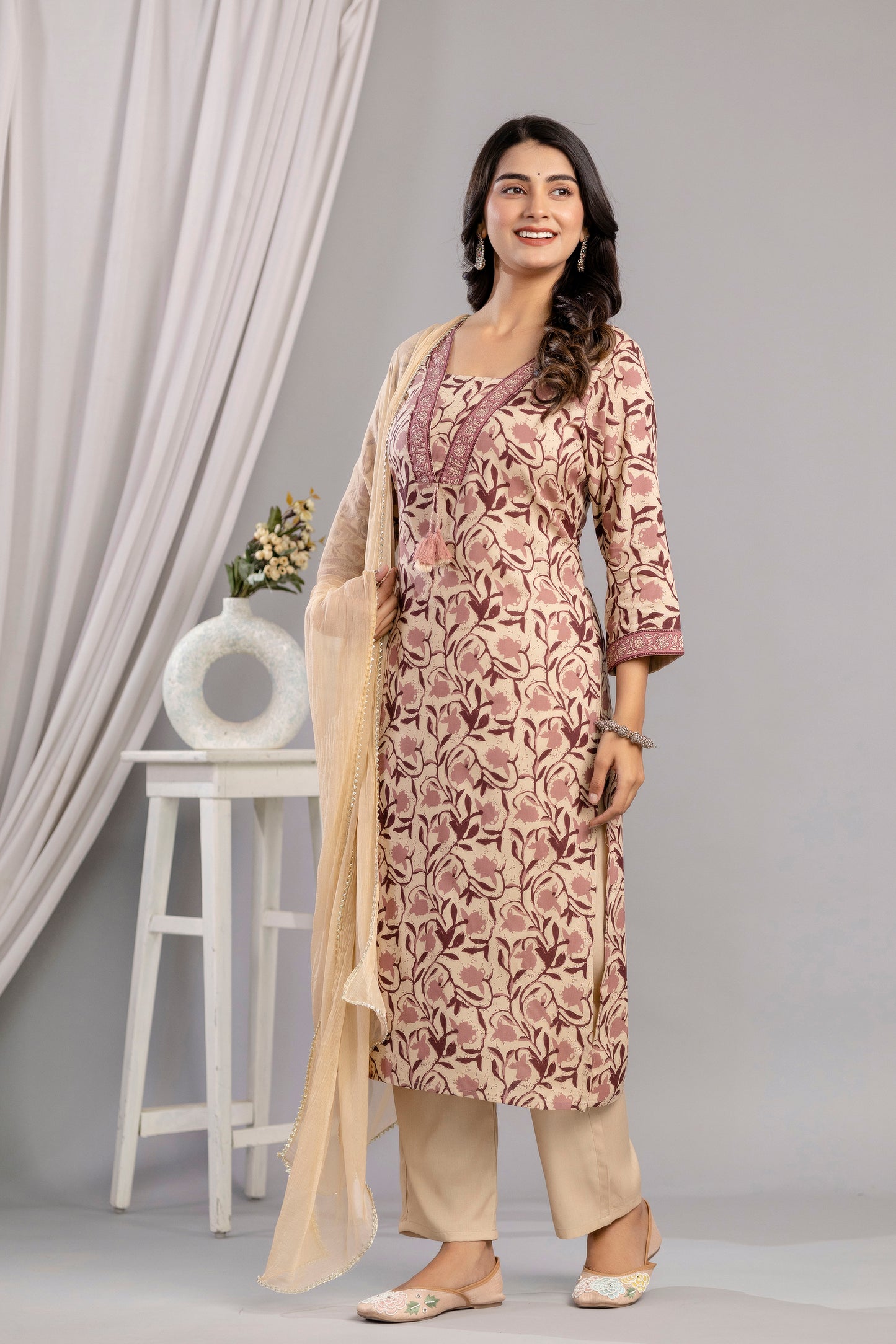 Wine Dabu Printed Rayon Printed Straight Women Kurta Pant and Dupatta Set