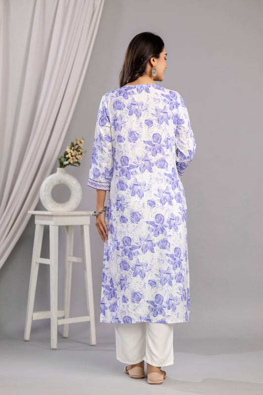 Purple Floral Printed Embroidered V Neck Rayon Straight Kurta Pant and Dupatta Set