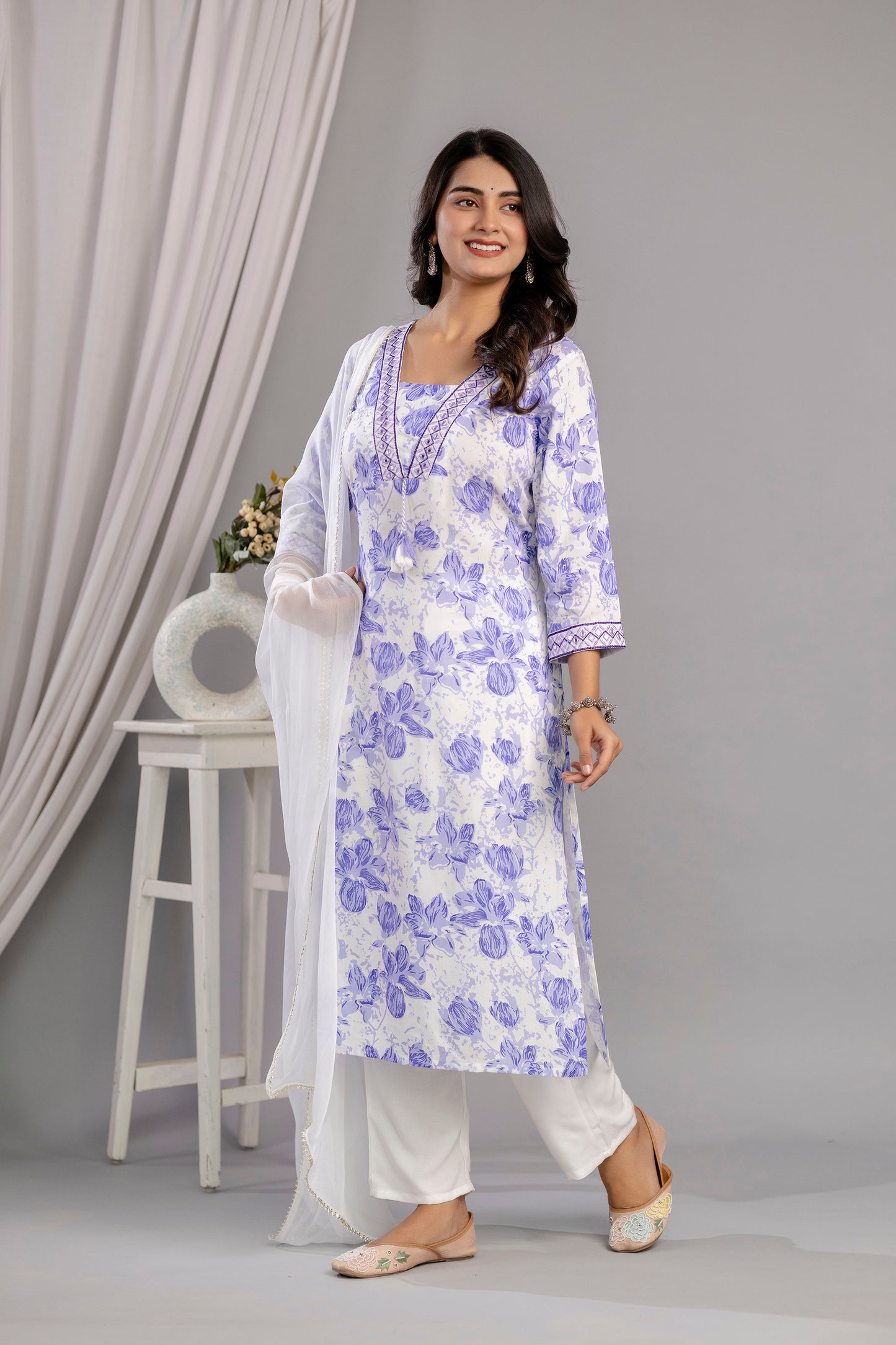 Purple Floral Printed Embroidered V Neck Rayon Straight Kurta Pant and Dupatta Set