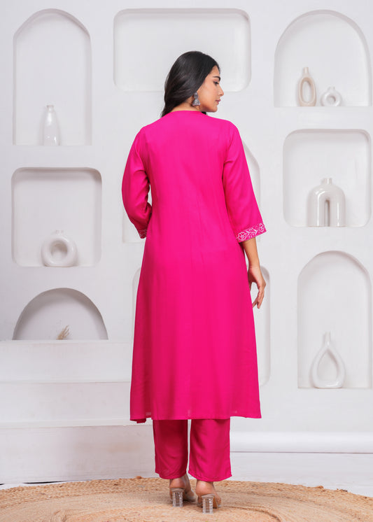 Pink Embroidered V Neck Rayon A-Line Kurta Pant and Dupatta Set