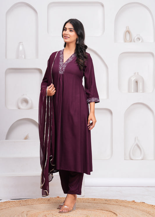Wine Embroidered V Neck Rayon A-Line Kurta Pant and Dupatta Set