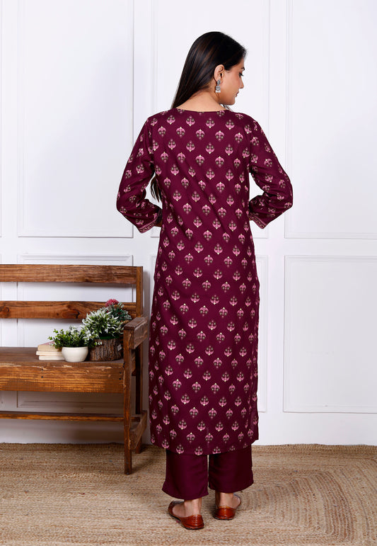 Wine Rayon Printed Women Round Neck Straight Kurta