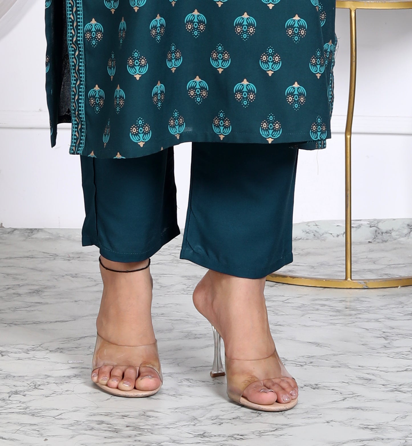 Teal Rayon Printed Women Round Neck Straight Kurta