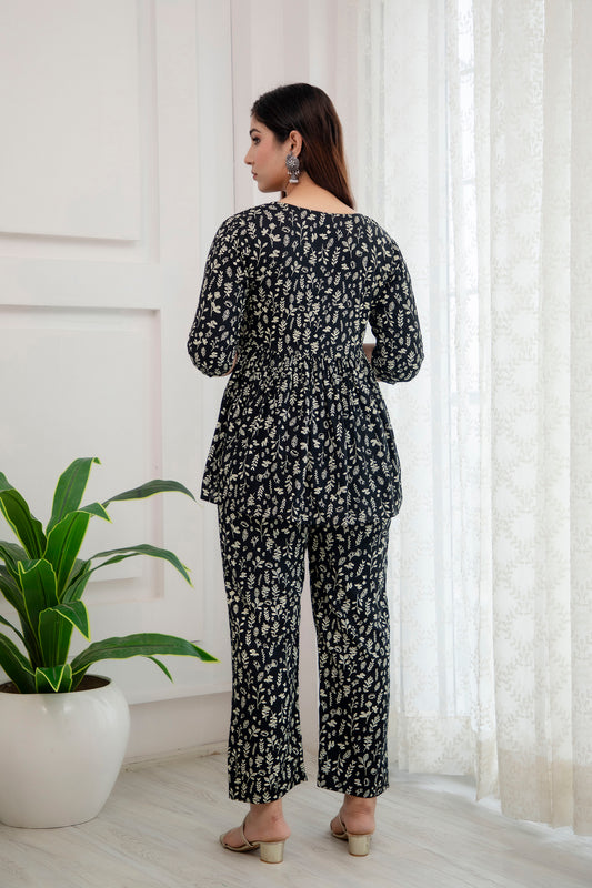 Veshviti Floral Printed Black Rayon Flared Co-ord Set