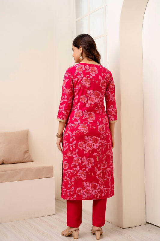 Pink Rayon Printed V neck Women Straight Kurta