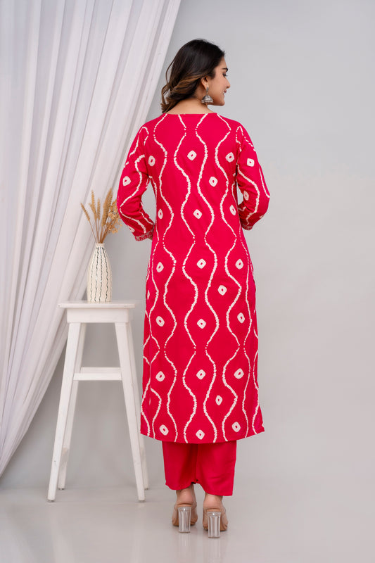 Pink Lehriya Printed Women Embroidered V neck Staright Kurta Set