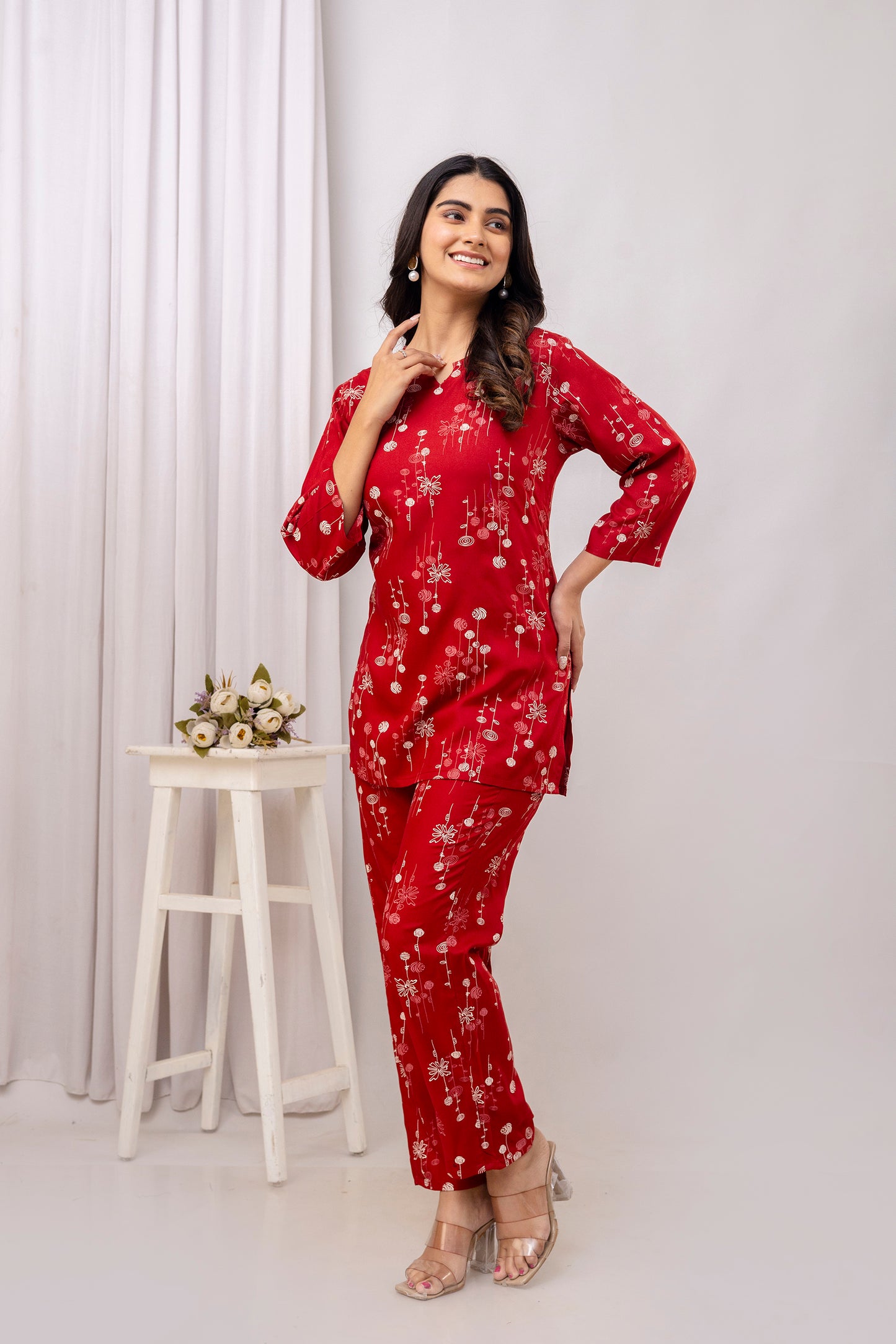 Veshviti Maroon Round Neckline Rayon Printed Co-ord Set