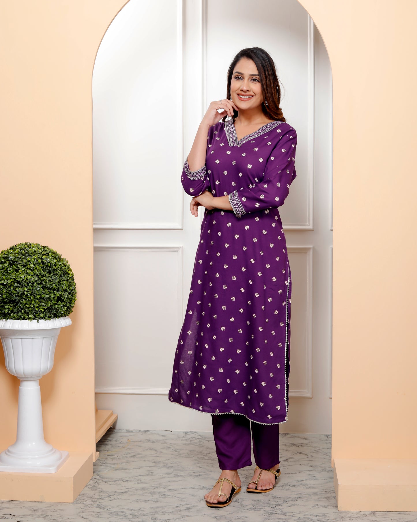 Purple Embroidered V Neck Women Straight Rayon Kurta