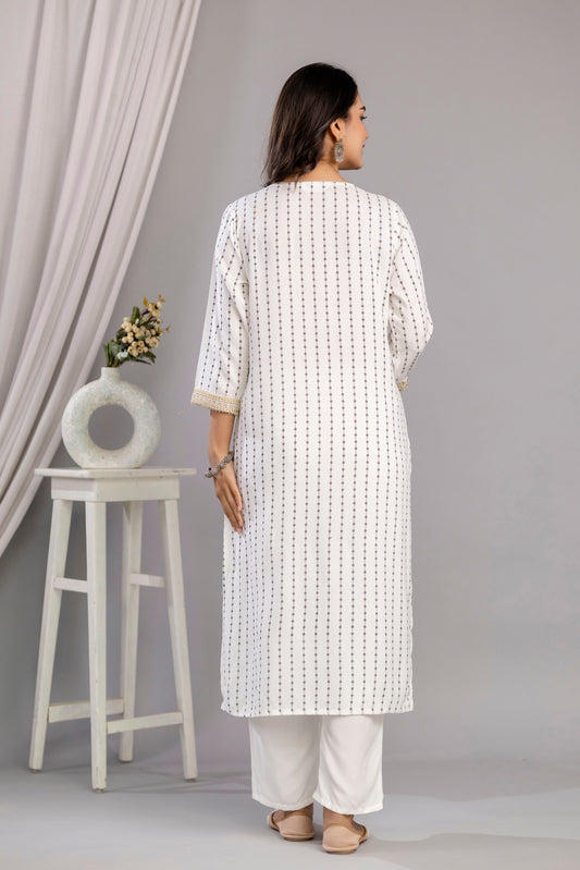 White Embroidered V Neck Women Straight Rayon Kurta Set