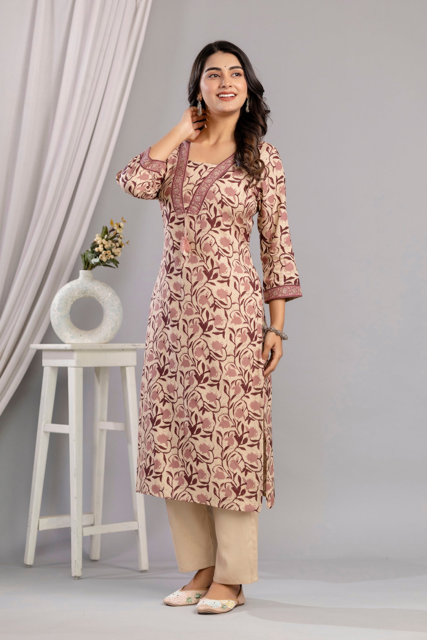 Wine Dabu Printed Rayon Printed Straight Women Kurta Set