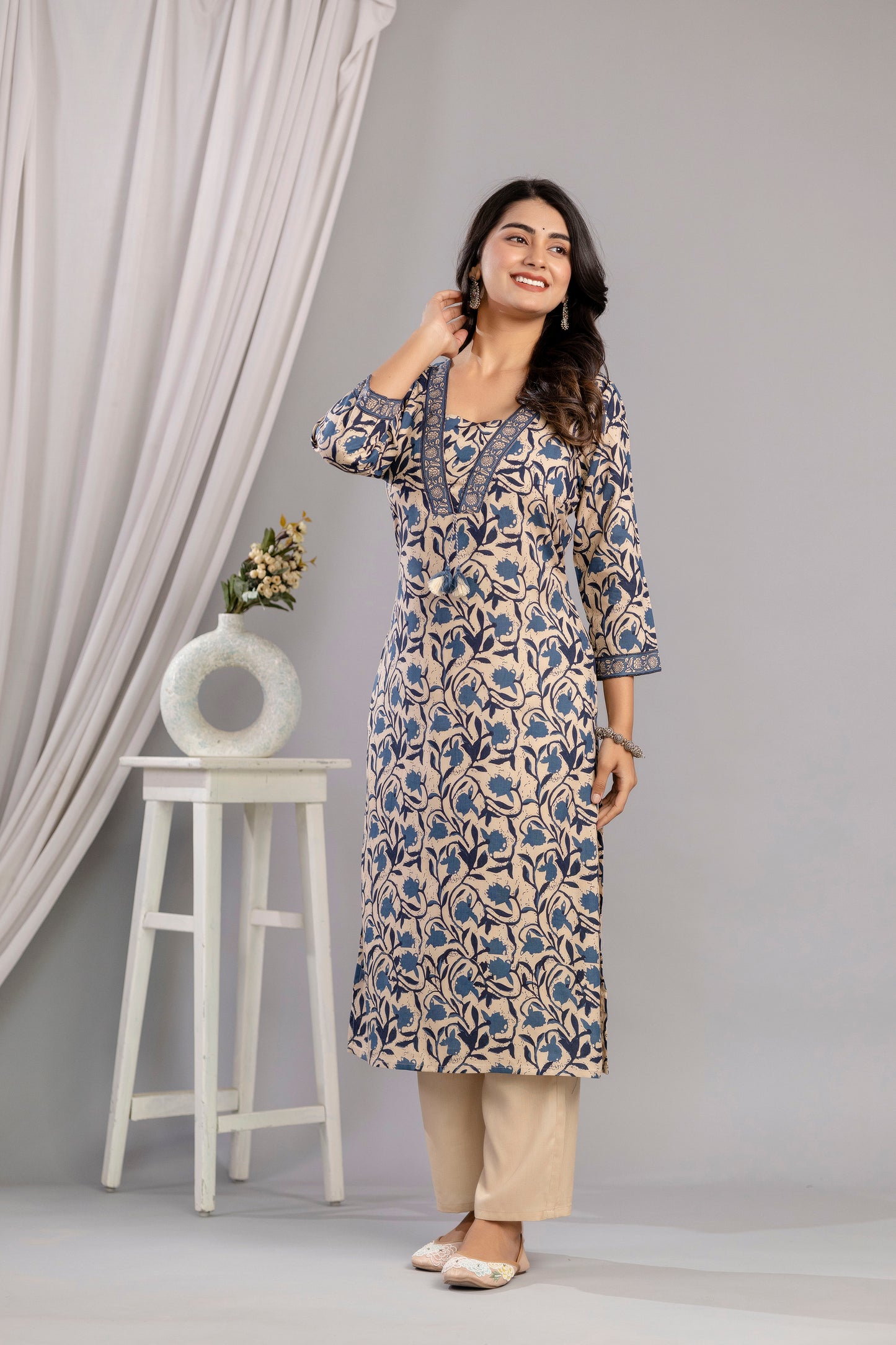 Teal Dabu Printed Rayon Printed Straight Women Kurta Set