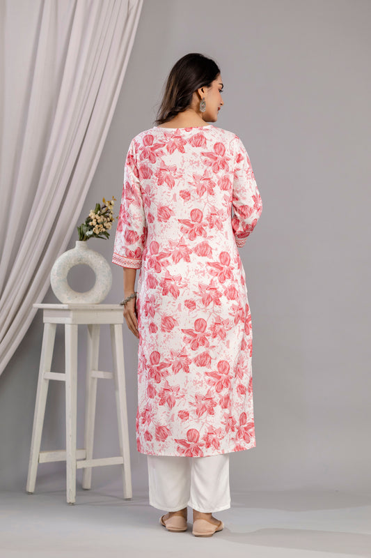 Peach Floral Printed Embroidered V Neck Rayon Straight Kurta Set