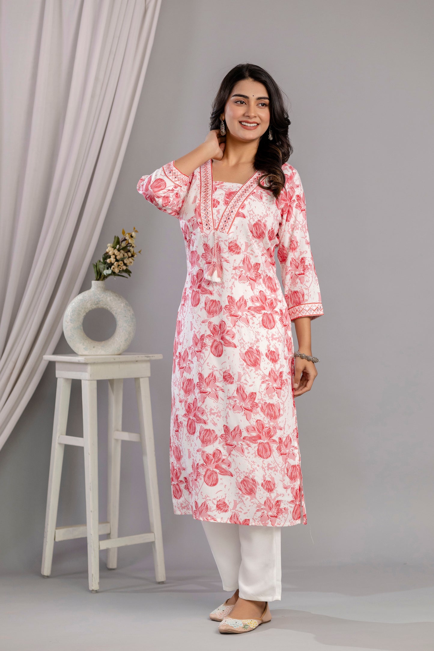 Peach Floral Printed Embroidered V Neck Rayon Straight Kurta Set