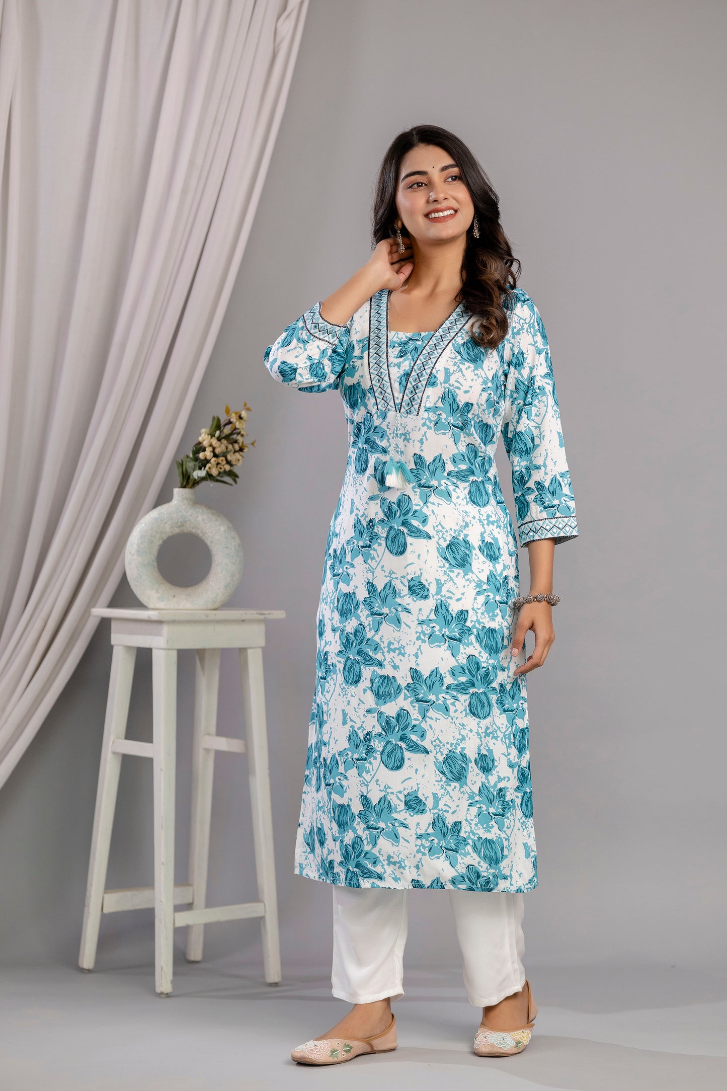 Rama Floral Printed Embroidered V Neck Rayon Straight Kurta Set