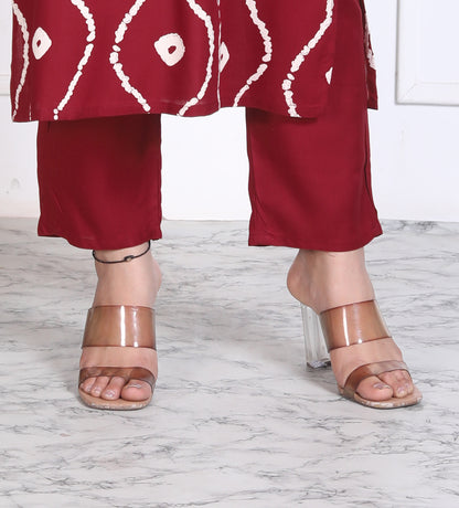 Maroon Lehriya Printed Women Embroidered V neck Staright Kurta