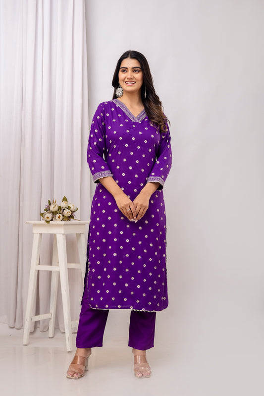 Purple Embroidered V Neck Women Straight Rayon Kurta Set
