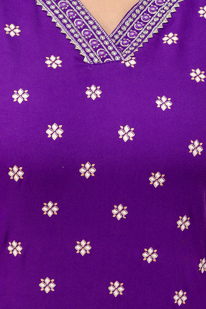 Purple Embroidered V Neck Women Straight Rayon Kurta Set