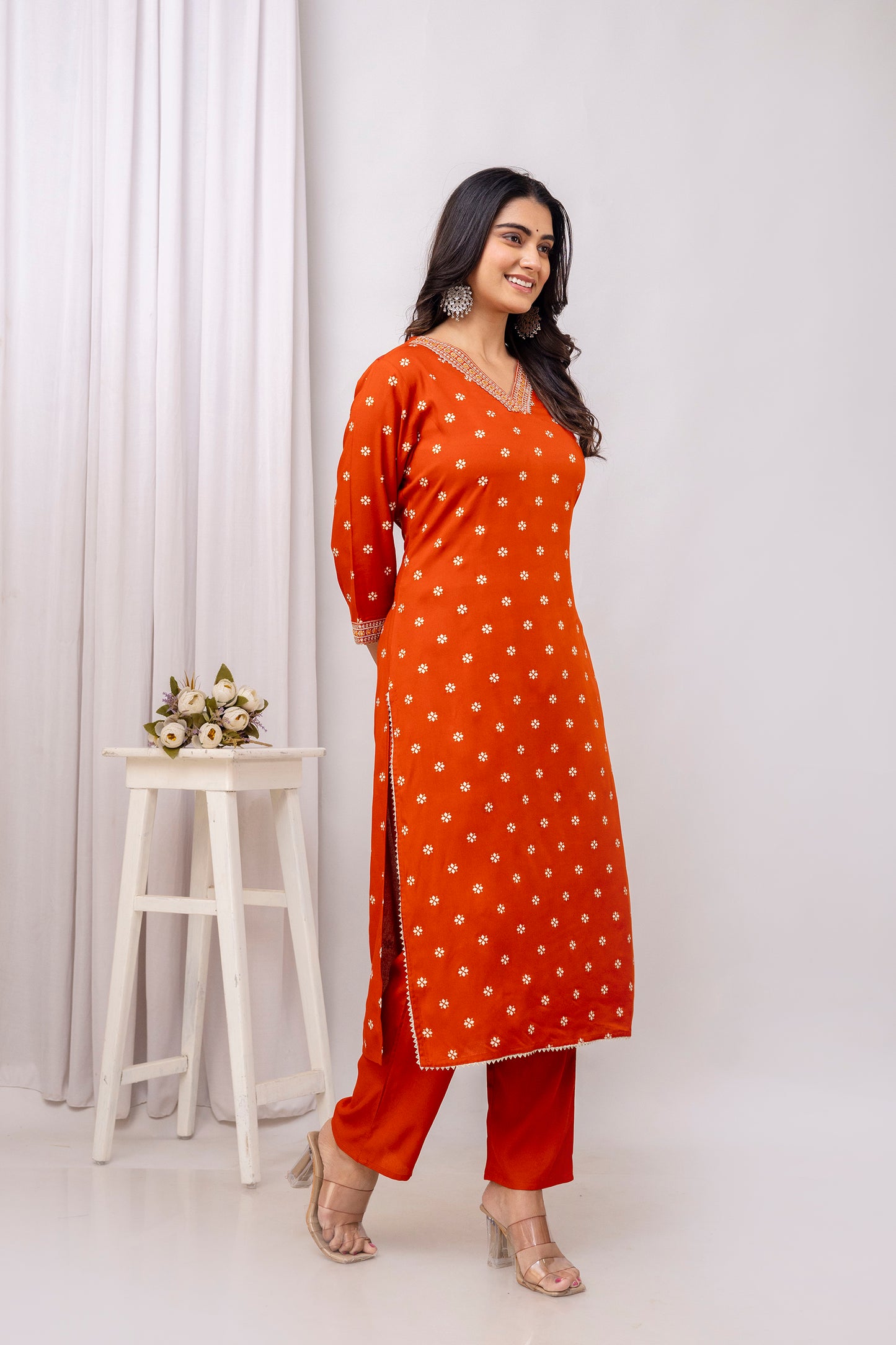 Rust Embroidered V Neck Women Straight Rayon Kurta Set
