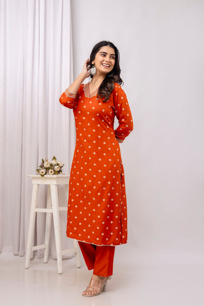 Rust Embroidered V Neck Women Straight Rayon Kurta Set