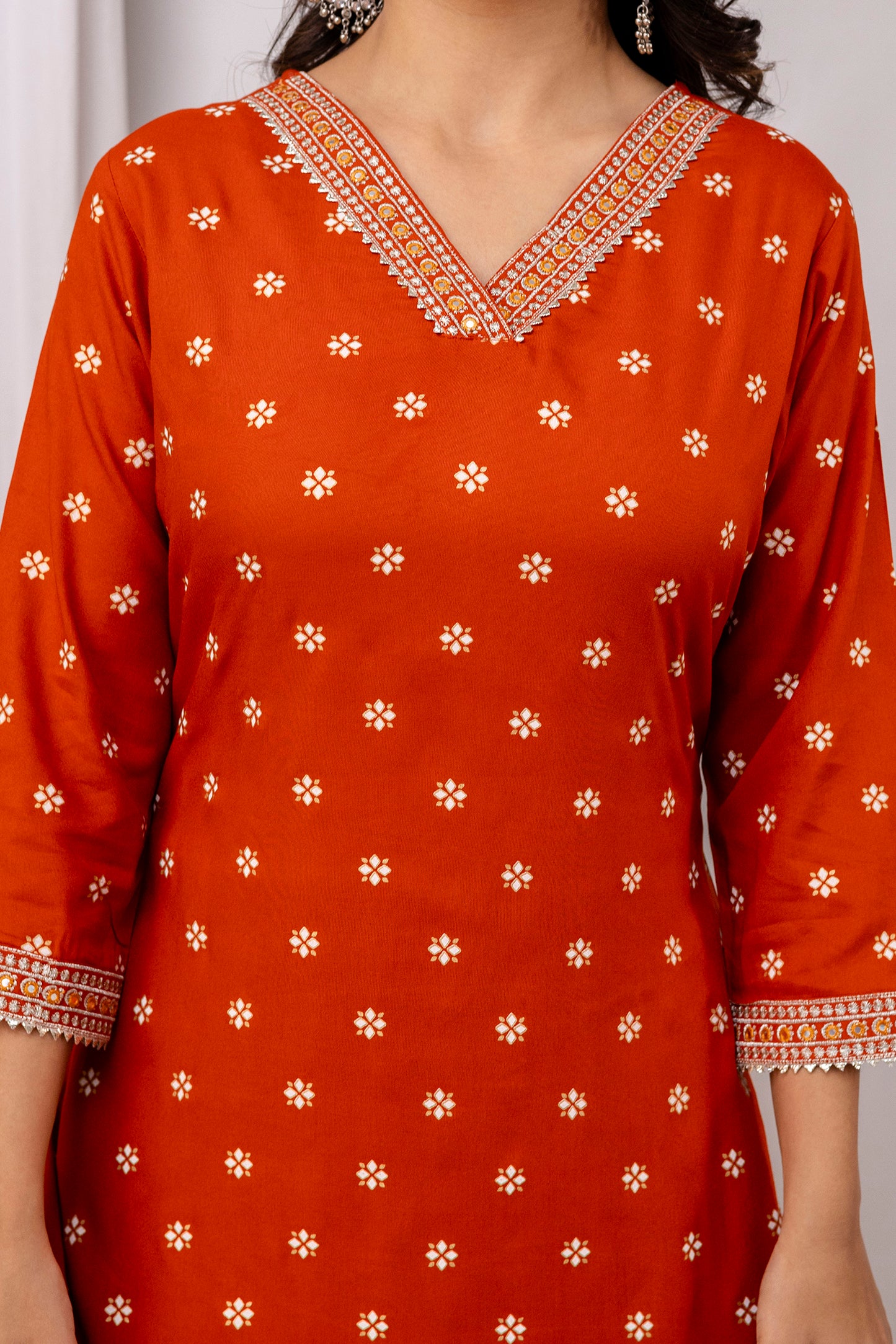Rust Embroidered V Neck Women Straight Rayon Kurta Set