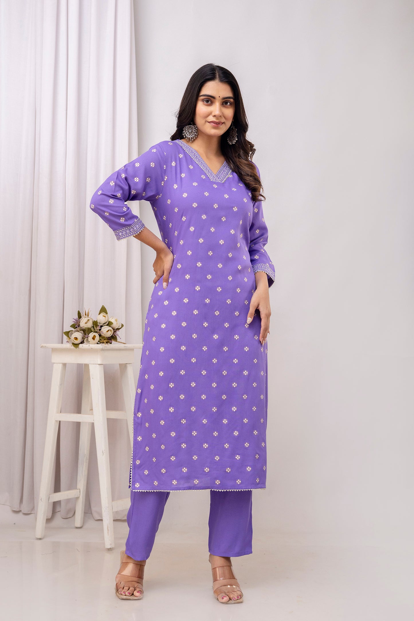 Embroidered V Neck Women Straight Rayon Kurta Set