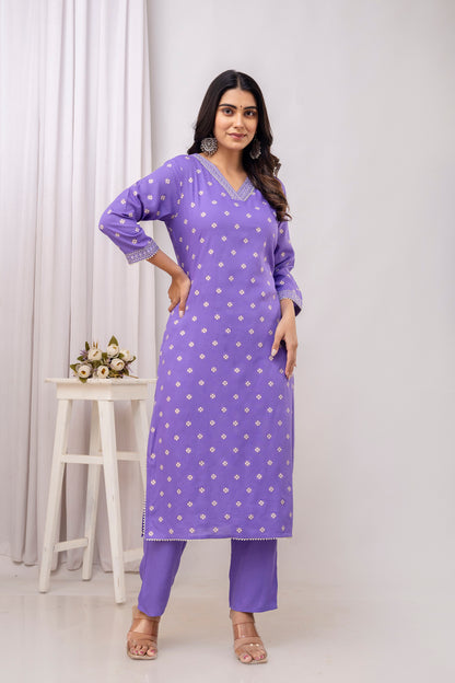Embroidered V Neck Women Straight Rayon Kurta Set