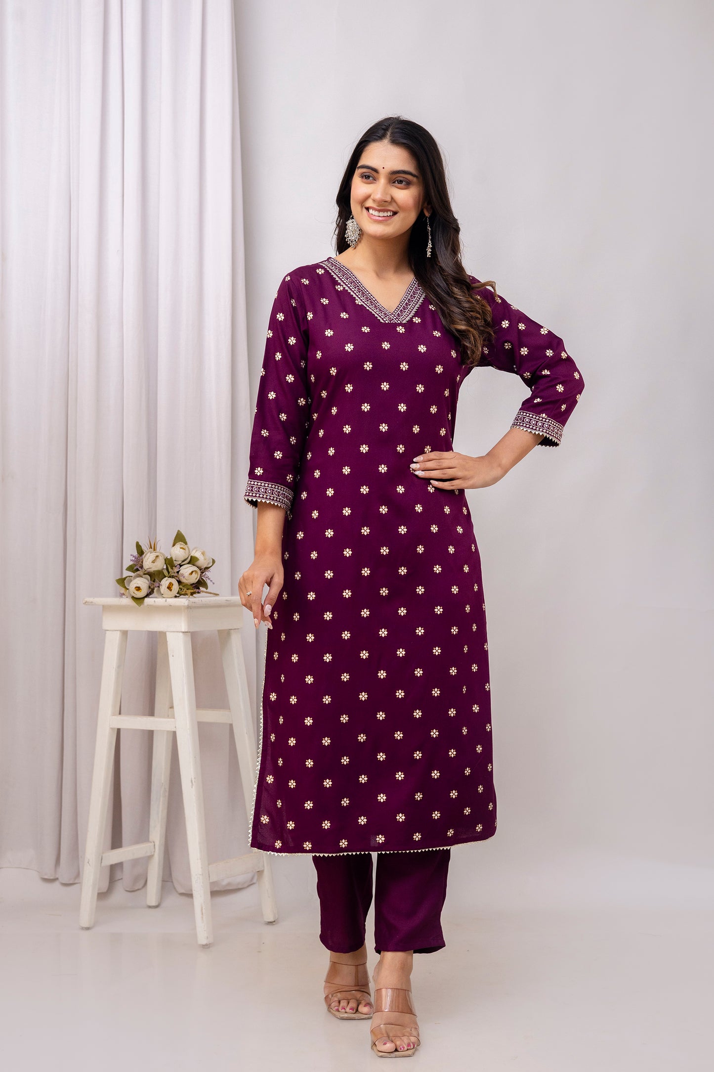 Wine Embroidered V Neck Women Straight Rayon Kurta Set