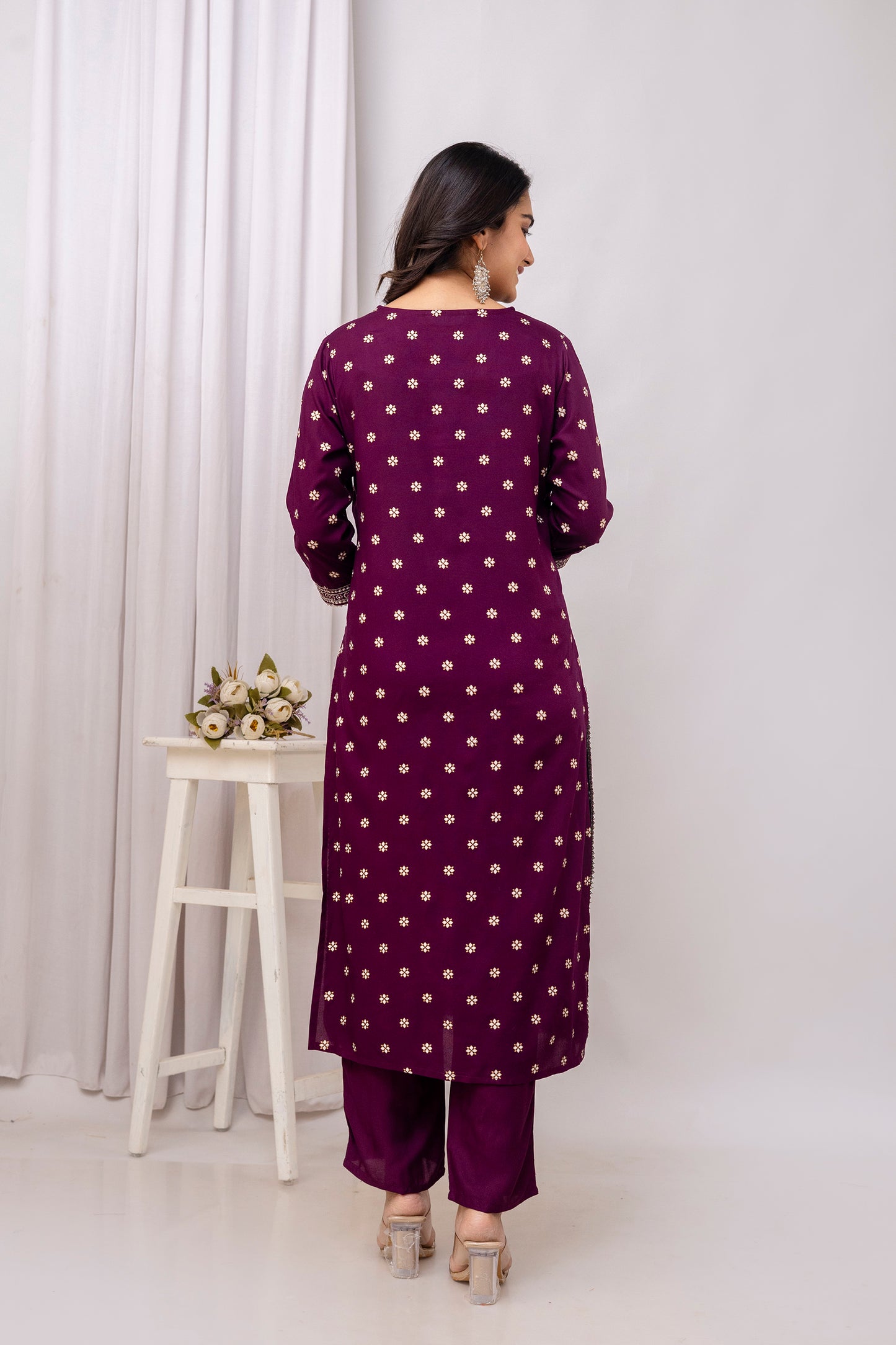 Wine Embroidered V Neck Women Straight Rayon Kurta Set