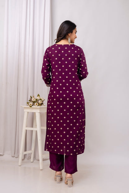 Wine Embroidered V Neck Women Straight Rayon Kurta Set