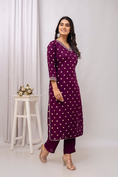 Wine Embroidered V Neck Women Straight Rayon Kurta Set