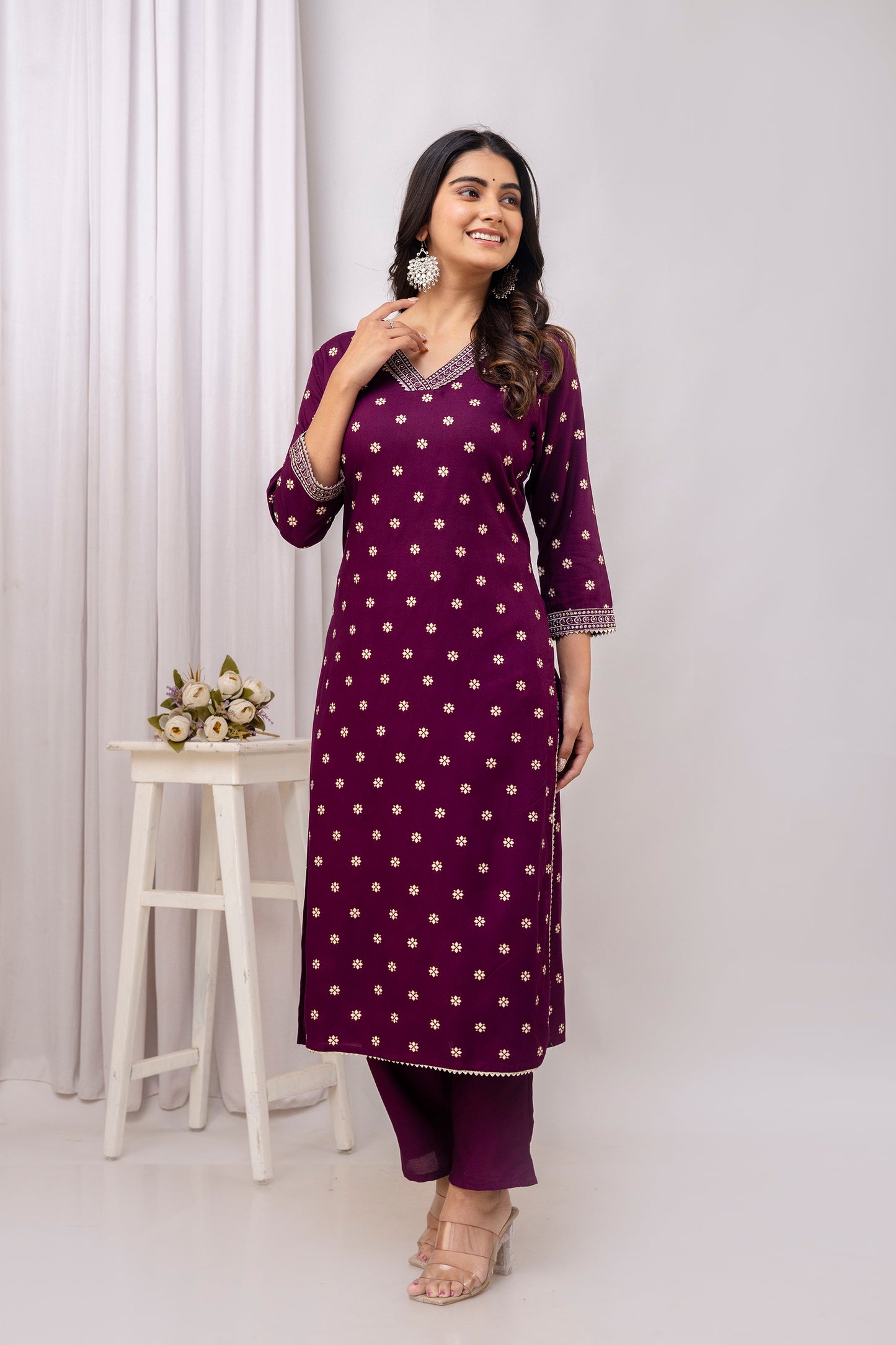 Wine Embroidered V Neck Women Straight Rayon Kurta Set