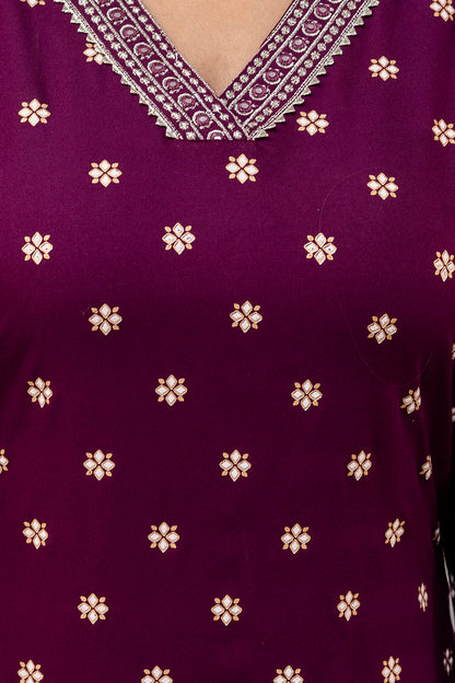 Wine Embroidered V Neck Women Straight Rayon Kurta Set