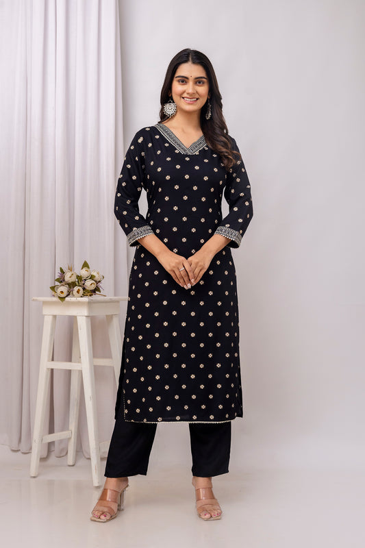 Black Embroidered V Neck Women Straight Rayon Kurta Set