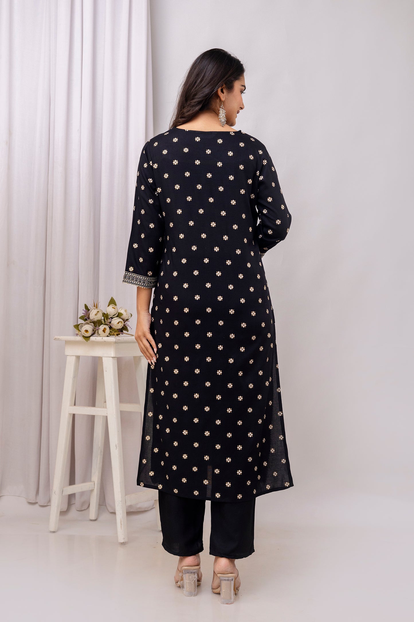 Black Embroidered V Neck Women Straight Rayon Kurta Set