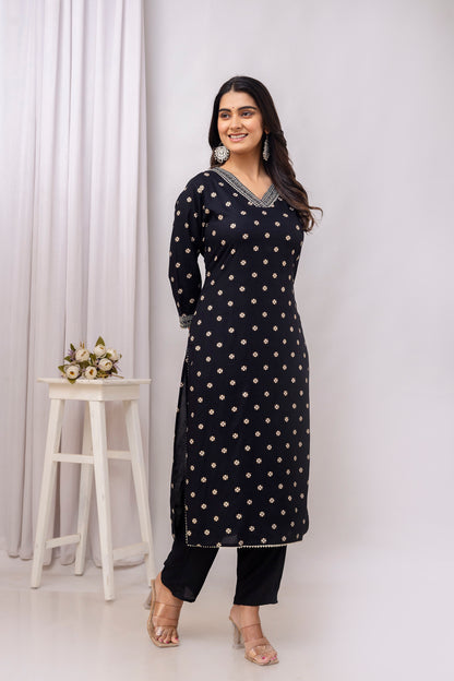 Black Embroidered V Neck Women Straight Rayon Kurta Set
