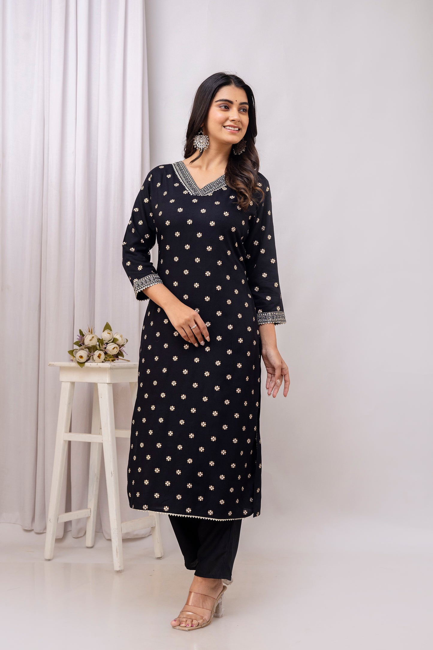 Black Embroidered V Neck Women Straight Rayon Kurta Set