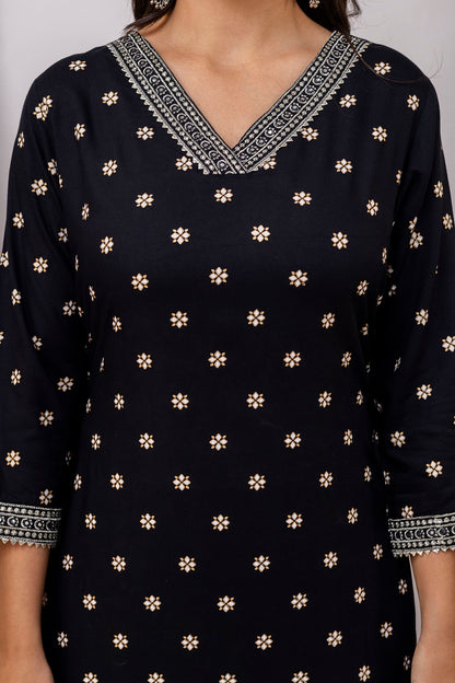Black Embroidered V Neck Women Straight Rayon Kurta Set
