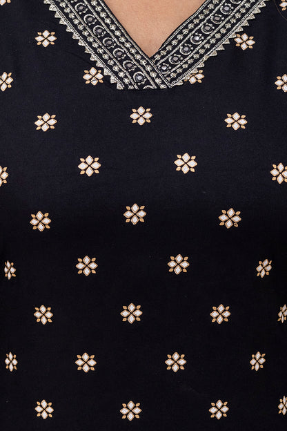 Black Embroidered V Neck Women Straight Rayon Kurta Set