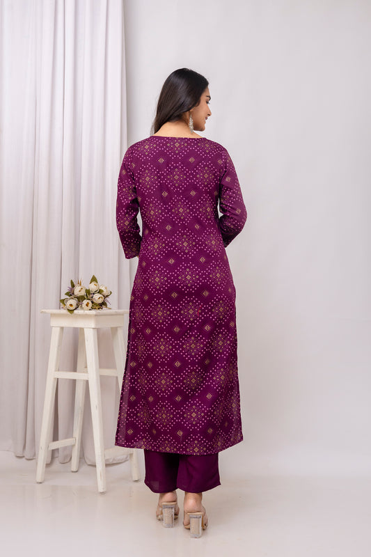 Wine Rayon Bandhani Printed Straight Kurta Pant and Dupatta Set with Dori and Tussels