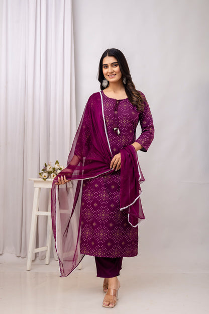 Wine Rayon Bandhani Printed Straight Kurta Pant and Dupatta Set with Dori and Tussels