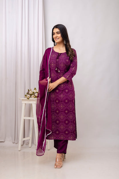 Wine Rayon Bandhani Printed Straight Kurta Pant and Dupatta Set with Dori and Tussels