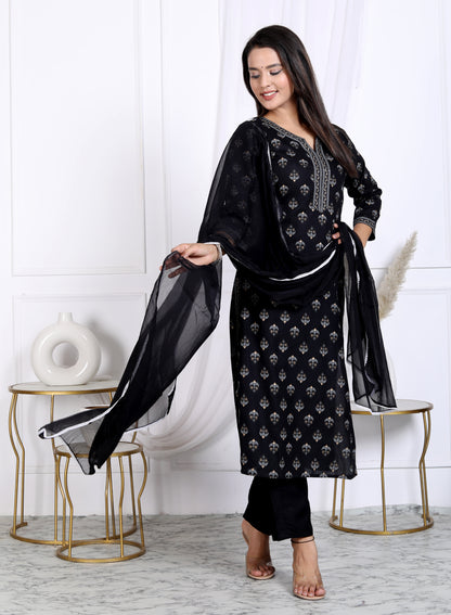 Black Rayon Printed Women Round Neck Straight Kurta Pant and Dupatta Set
