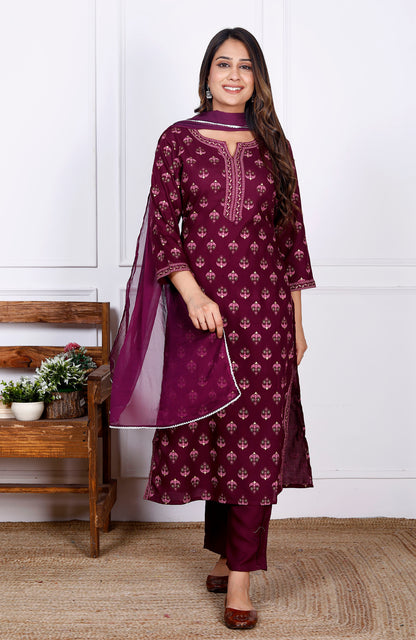 Wine Rayon Printed Women Round Neck Straight Kurta Pant and Dupatta Set