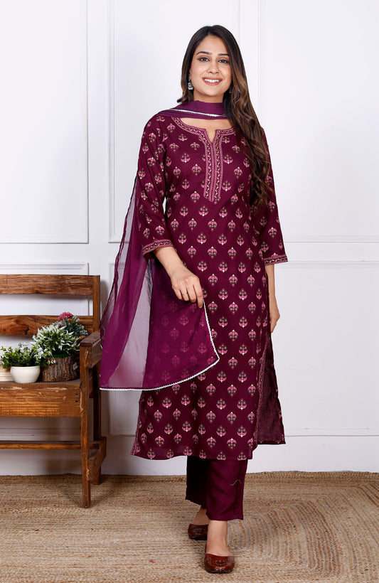 Wine Rayon Printed Women Round Neck Straight Kurta Pant and Dupatta Set